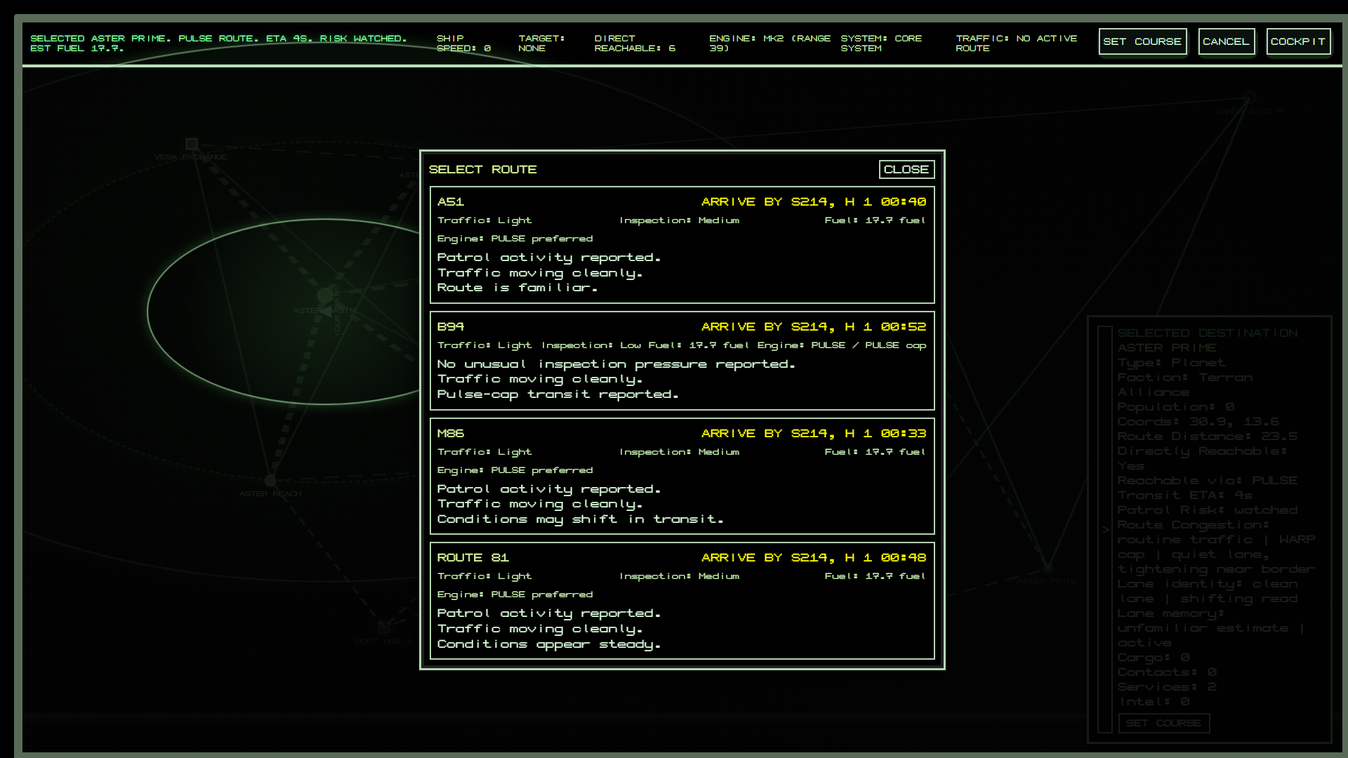 Route selection modal in Void Profit